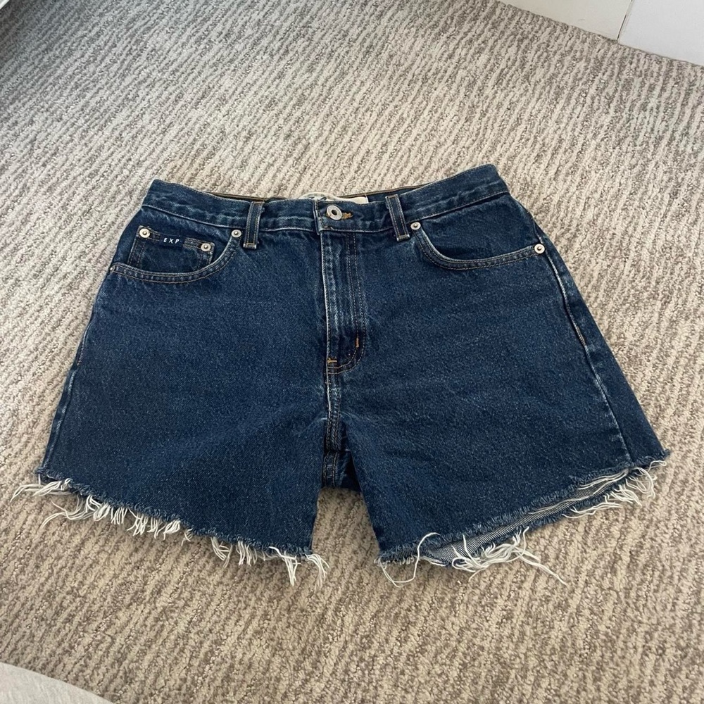 express medium dark denim shorts with frayed hem